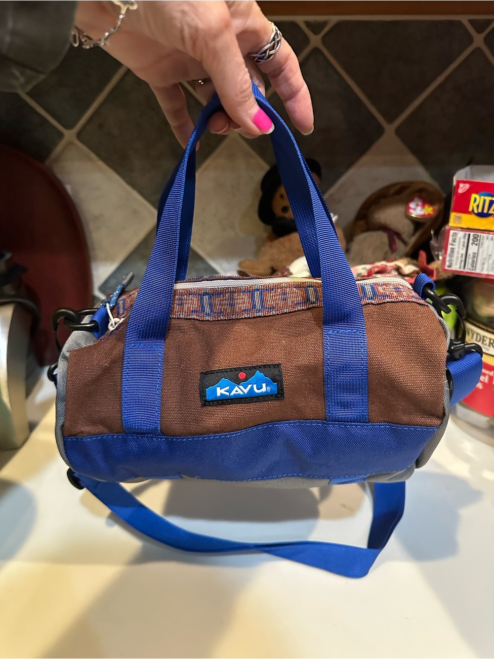 KAVU UNISEX MINI SMALL DUFFLE BAG BROWN BLUE CARRYALL PURSE TRAVEL HANDLED XBODY - Picture 9 of 11